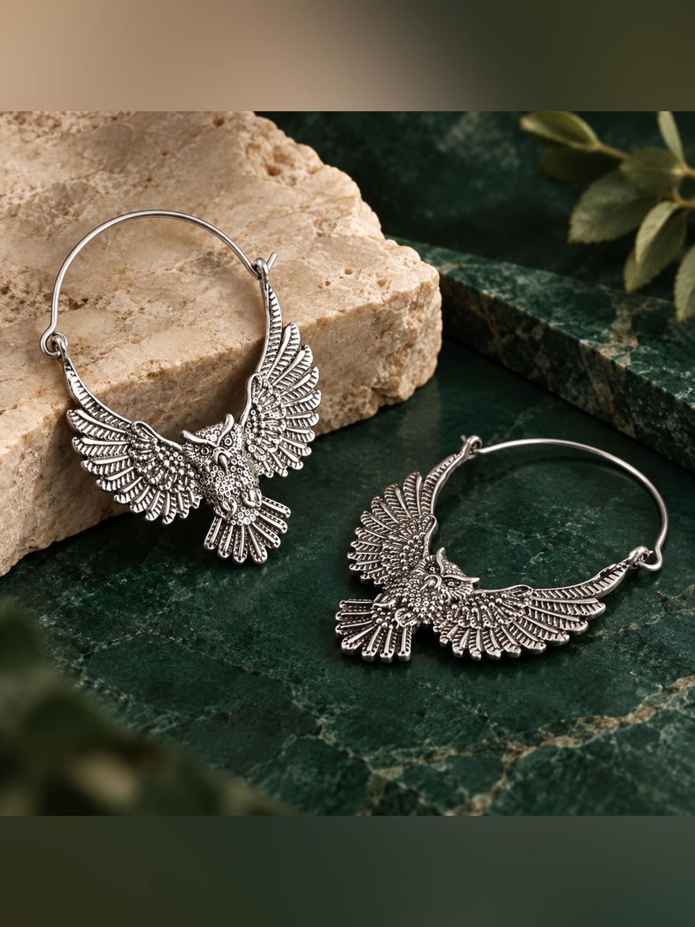 Silver-Tone Owl Wing Hoop Earrings - Jewelry